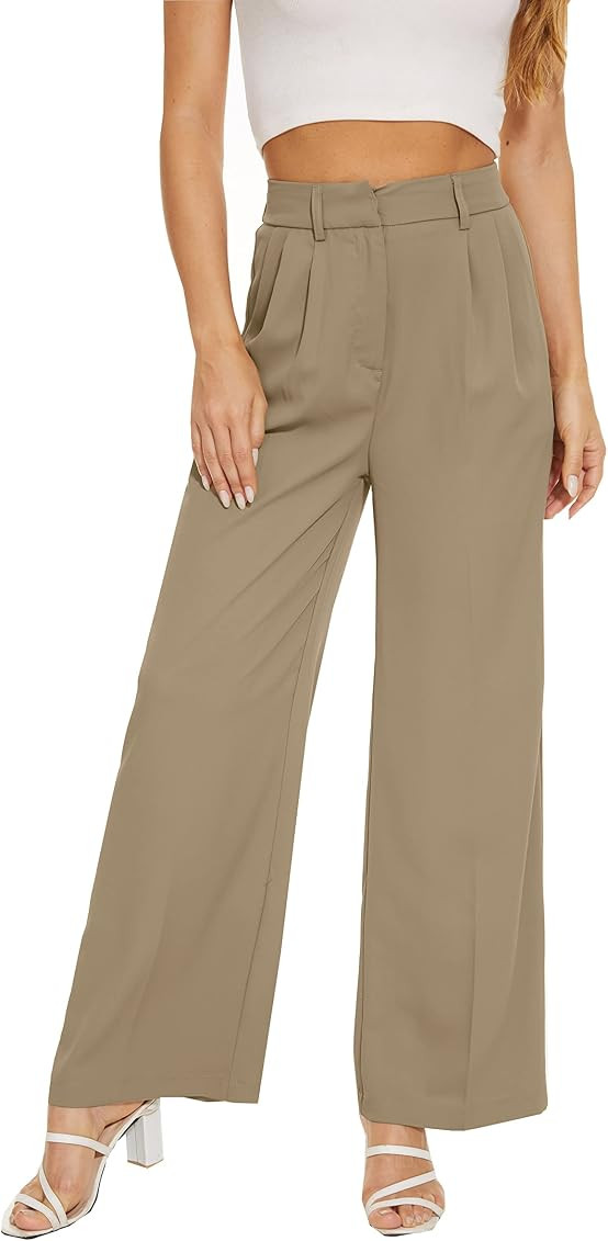 FUNYYZO Women Wide Leg Pants High Elastic Waisted in The Back Business Work Trousers Long Straight S | Amazon (US)