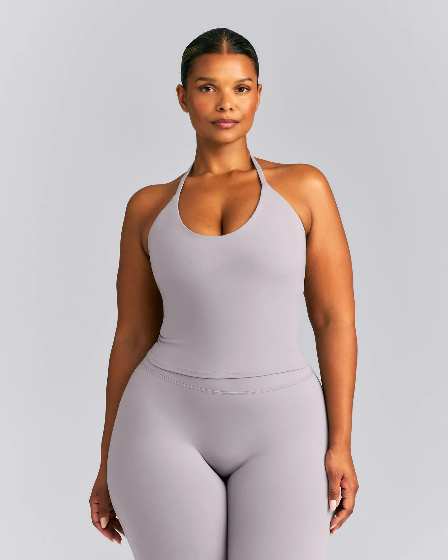 SoftMotion™ Strappy Halter Neck Mid Tank Top with Built in Bra Shelf New Branding 
 Zinc Gray | Oner Active (UK / US)