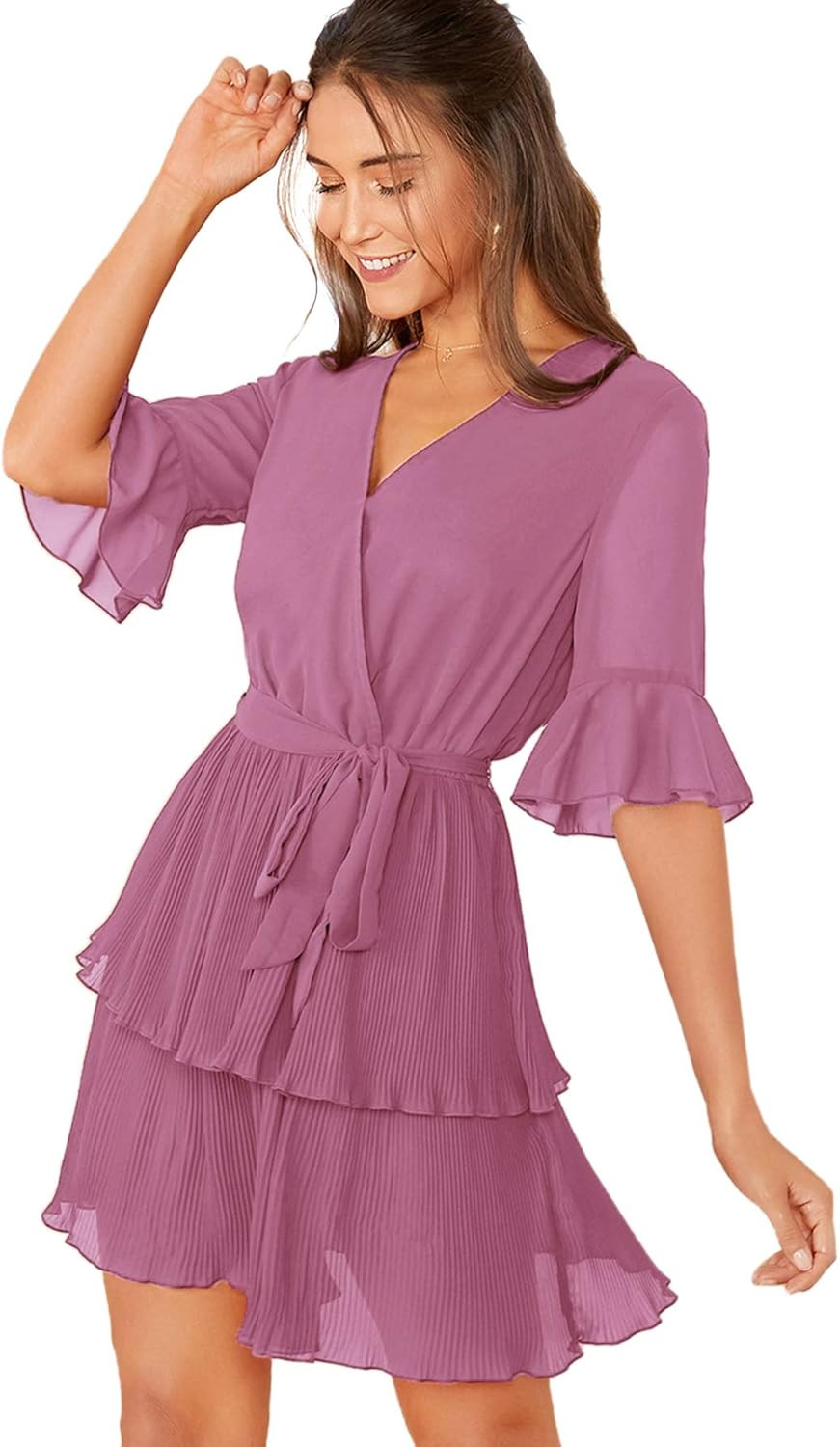 SheIn Women's V Neck Half Sleeve Chiffon Tie Waist Ruffle Hem Surplice Dress | Amazon (US)