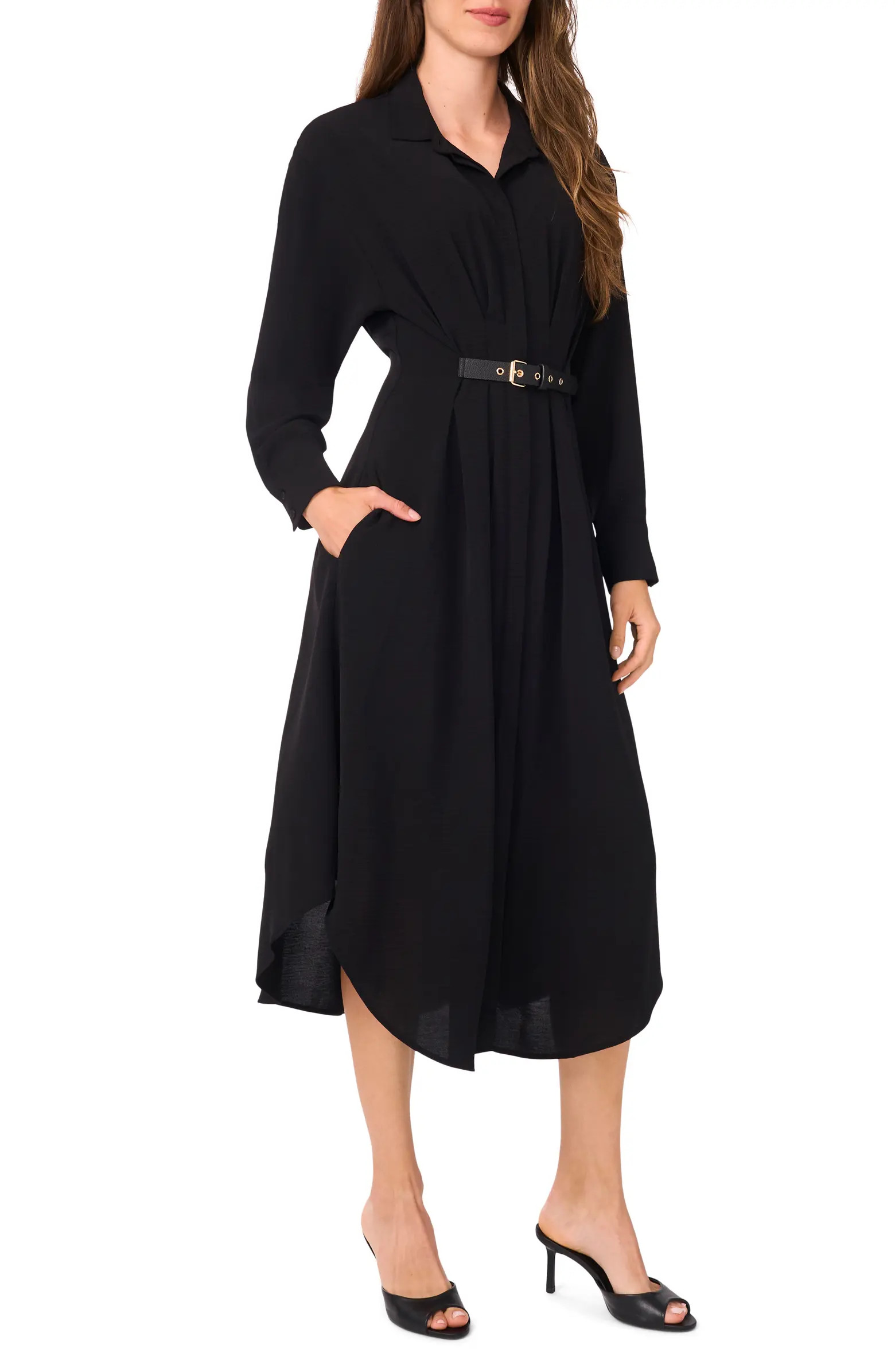 Pleated Long Sleeve Belted Waist Midi Shirtdress | Nordstrom