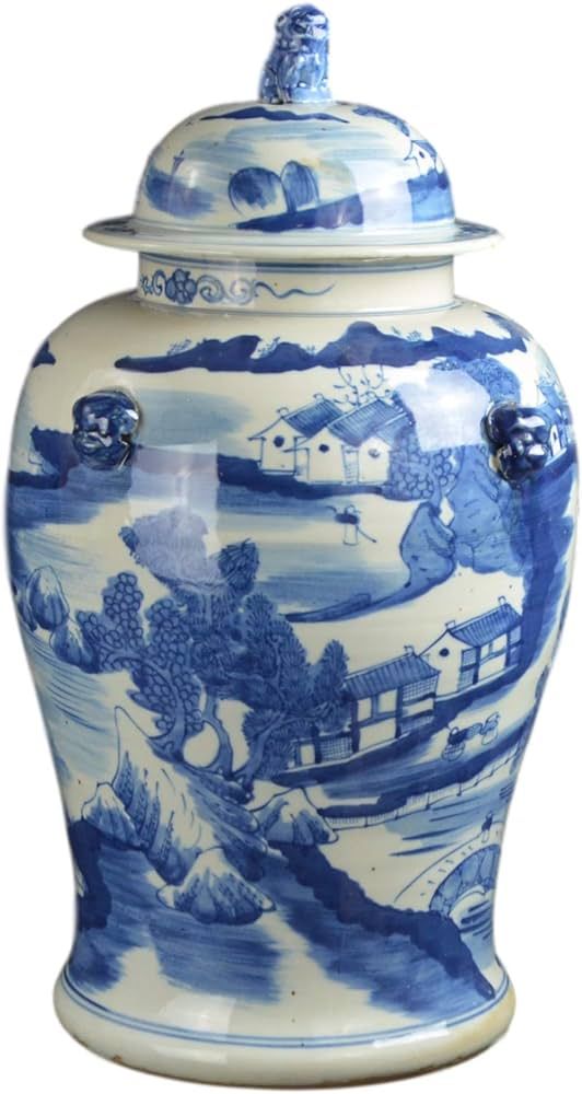19" Antique Like Finish Retro Blue and White Porcelain Landscape Temple Ceramic Ginger Jar Vase, ... | Amazon (US)