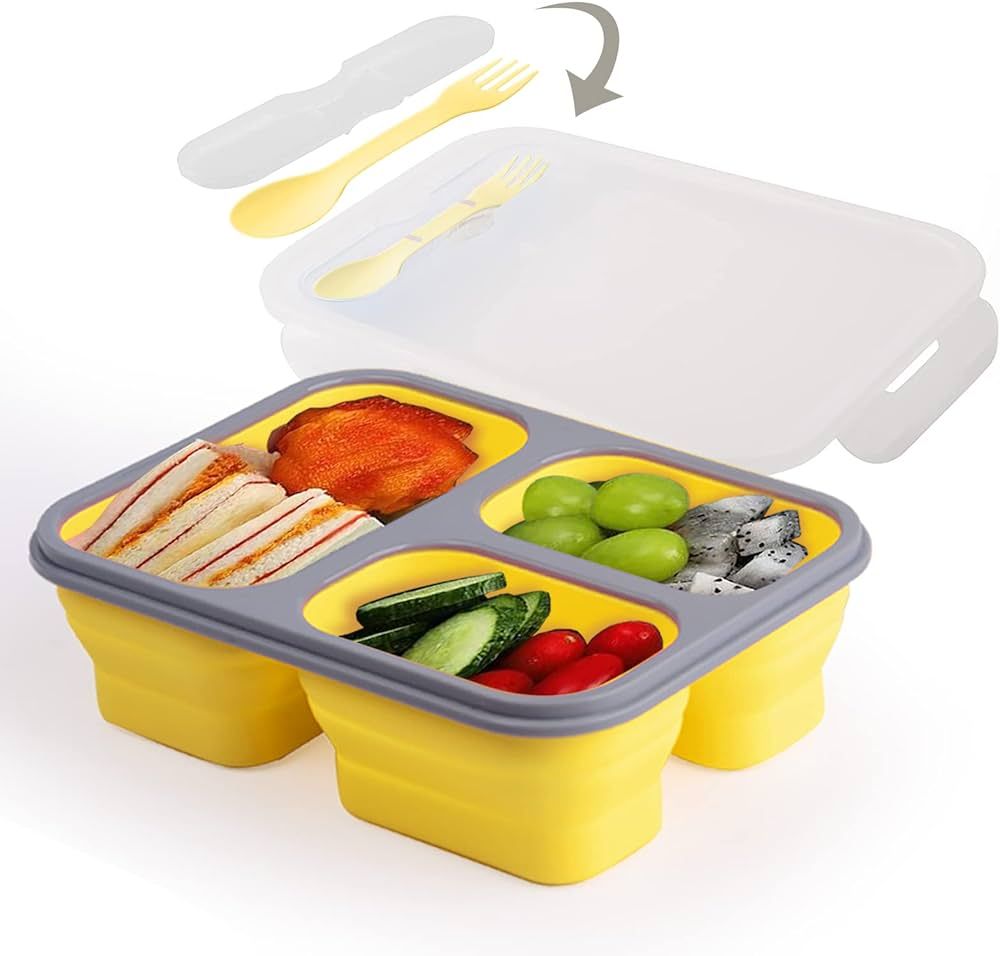 Collapsible Silicone Bento Box 3-Compartments 1200ML Foldable Bento Lunch Box with Dual-purpose S... | Amazon (US)
