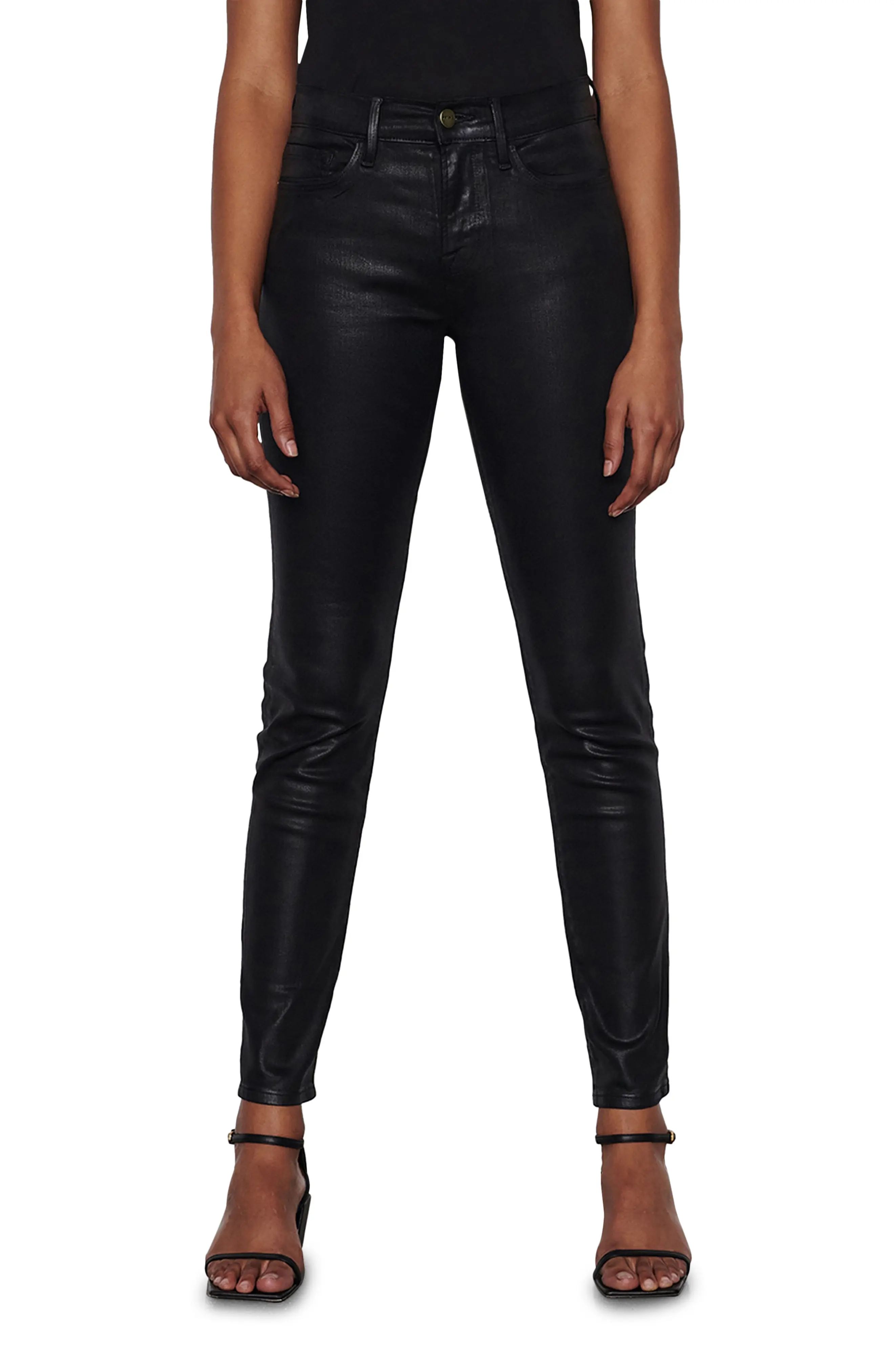 FRAME Women's Le Skinny de Jeanne Coated Jeans, Size 25 in Noir at Nordstrom | Nordstrom