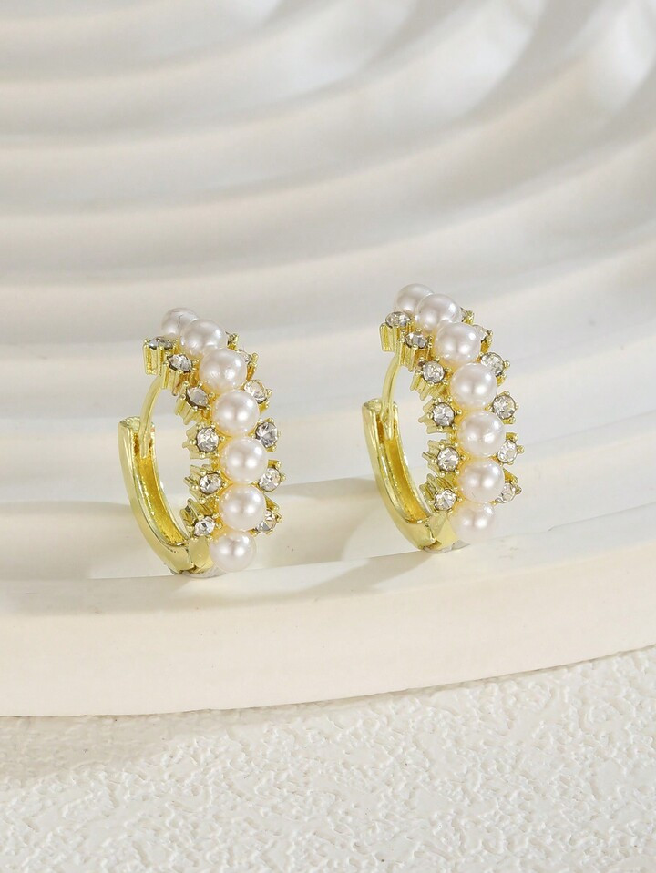 1pair Girls Delicate Fashion Cubic Zirconia & Faux Pearl Decor Hoop Earrings For Daily Decoration... | SHEIN