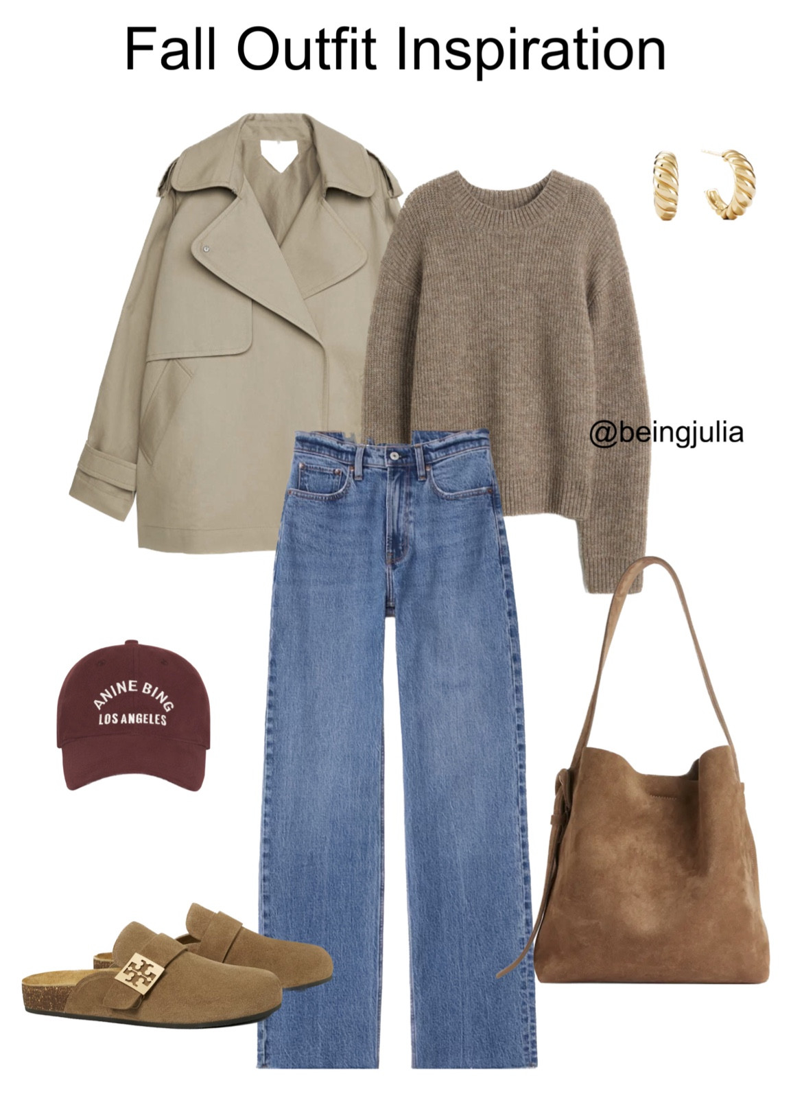 Fall Outfit Details:
-Jacket is a cropped trench coat from Arket. The perfect jacket to layer with in the fall, and the shirt silhouette is a fresh play on the classic trench. 
-Sweater is a brown rib-knit sweater from H&M. A great basic to have that you will get a lot of use out of. 
-Jeans are the high rise 90s relaxed jeans from Abercrombie. They have a raw hem, and are a great relaxed fit and medium wash denim colour. 
-Bag is the suede tote bag from Arket. The perfect bag for when you are on the go, it will fit everything!
-Hat is the Jeremy baseball cap from Anine Bing. The perfect burgundy colour adds a nice hue to this fall look. 
-Shoes are the Tory Burch suede mules. A great and comfortable addition to your fall wardrobe. 
-Earrings are the Mejuri croissant dome hoop earrings. The are a great size, and add a new twist on a classic hoop. 


#LTKSeasonal #LTKFind #LTKstyletip