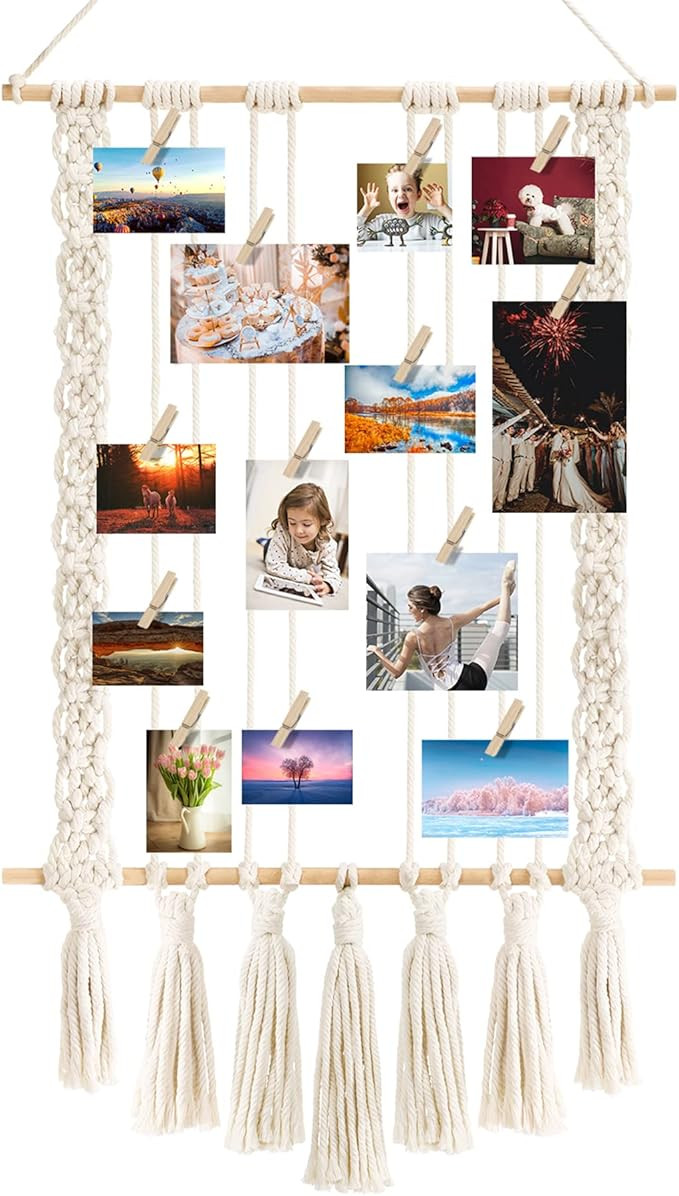 FEBSNOW Hanging Photo Display Macrame Wall Hanging Pictures Organizer Cards Holder Frame Collage ... | Amazon (US)