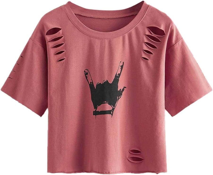 SweatyRocks Tshirt Camo Print Distressed Crop T-Shirt | Amazon (US)