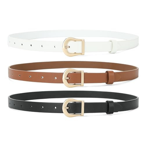 HOTWILL 3 Pack Skinny Women Belts for Jeans Dresses Thin Ladies Waist Belt with Gold Buckle Black Brown White Large | Amazon (US)