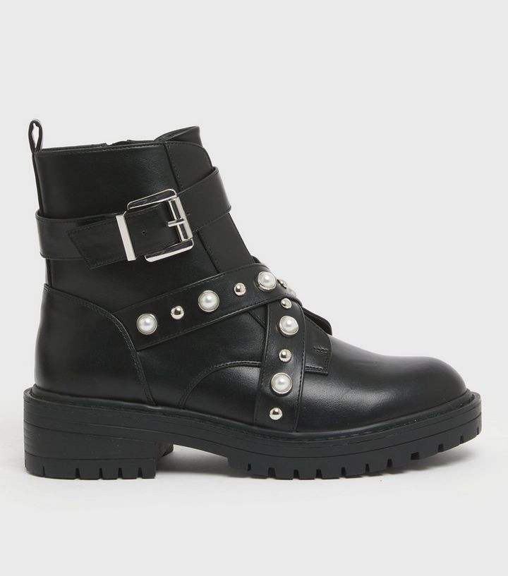 Black Leather-Look Faux Pearl Studded Chunky Boots
						
						Add to Saved Items
						Remove f... | New Look (UK)