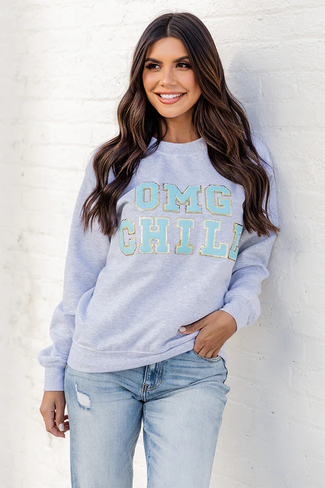 OMG Chill Ash Chenille Patch Graphic Sweatshirt | Pink Lily