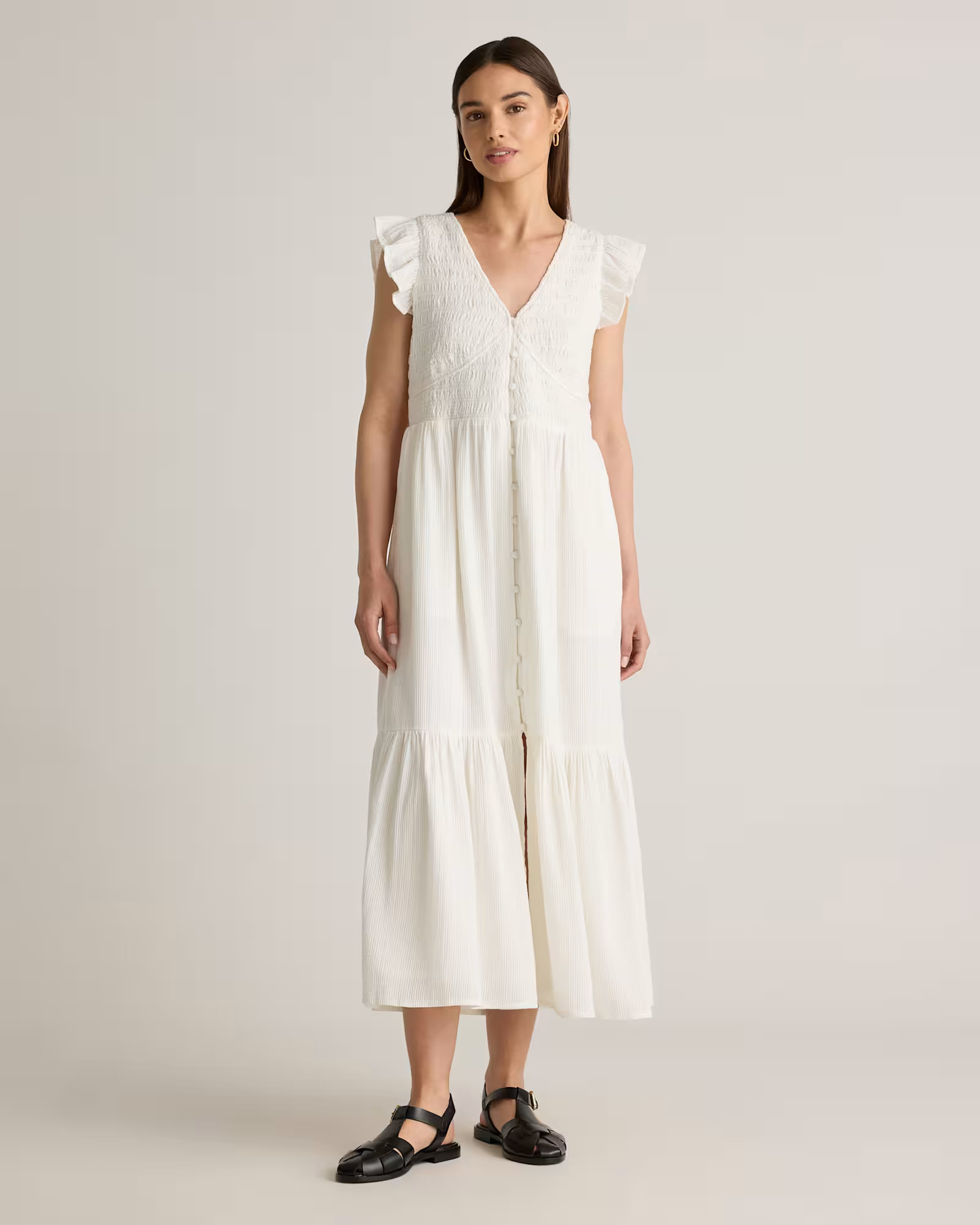 White Organic Textured Cotton Smocked V-neck Midi Dress | Quince