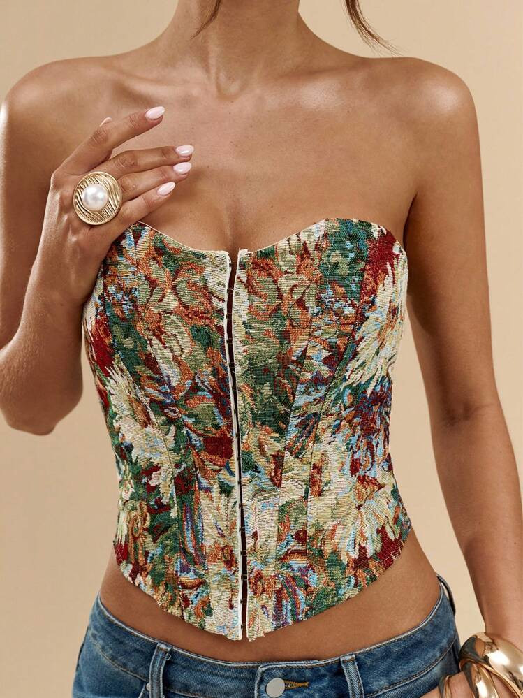 SHEIN BAE Sexy, Elegant, Romantic Tube Top With Textured Floral Pattern For Fall/Winter, Date Night, Lace Corset, Corset Tops, Going Out Tops For Women, Party Tops, Elegant Tops, Wedding Guest Tops, Halloween Clothes For Women, Fall/Winter Inner Wear, Bonitas De Mujer | SHEIN