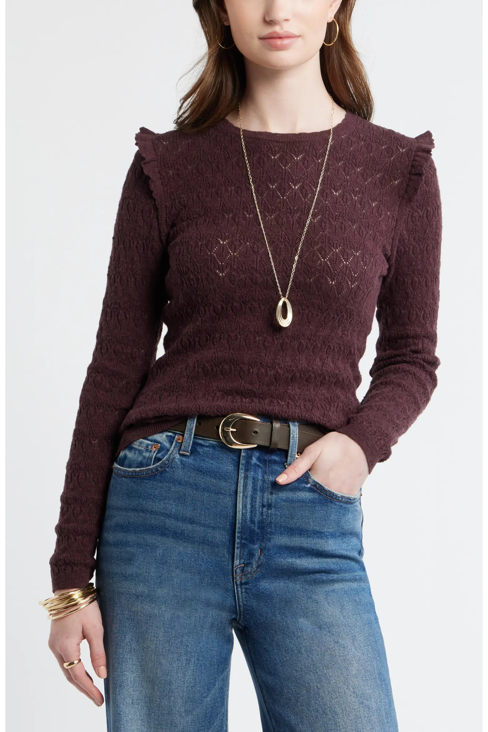 Ruffle Trim Pointelle Stitch Cotton Blend Sweater (Women) | Nordstrom | Nordstrom