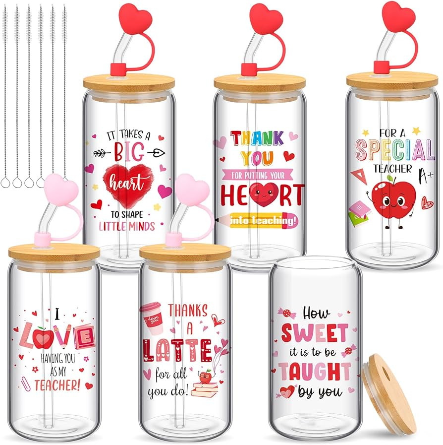 6 Pcs Valentine's Day Teacher Appreciation Gifts for Women 16 oz Glass Coffee Cups with Bows Lids Straws Brushes Thank You End of Year Gifts for Teacher from Student School Present | Amazon (US)
