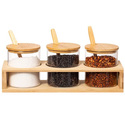 Basicwise 3-Piece Glass Containers with Bamboo Lids and Tray Holder – Decorative Storage for Condiment Pots & Spice Jars.Perfect Organizer for Kitchen | Target