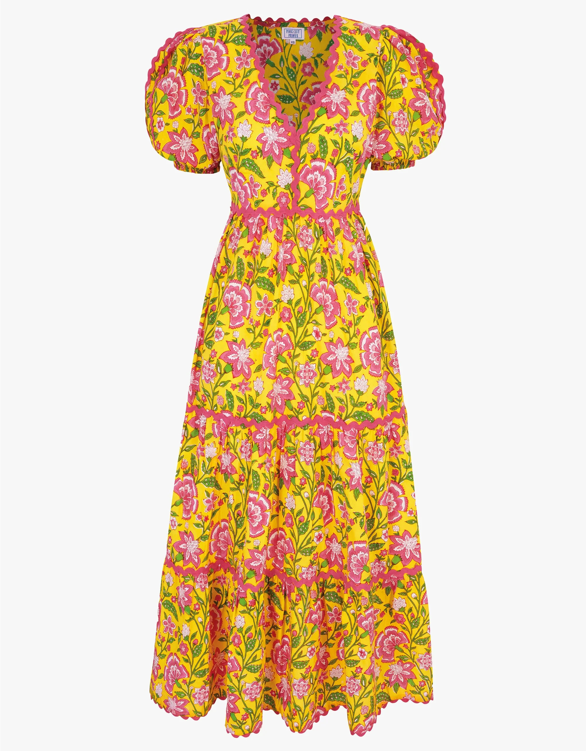 Jolie Dress | Yellow, Pink & Green Floral Maxi | Block Print Cotton | Pink City Prints UK