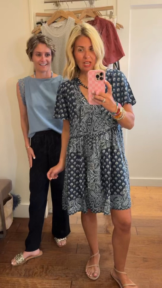 We both love this dress, tank & pant!! Dress not online yet…

My Sizing:
Paisley dress - small petite
Black twist dress - small petite
Stripe set - top xs & skirt 2
Eyelet Dress - xs petite 
T-shirt dress - xs
Tank - xs
Jeans - 25P
Sweater - xs

#LTKdayinmylife #LTKmomlife #LTKOver40
