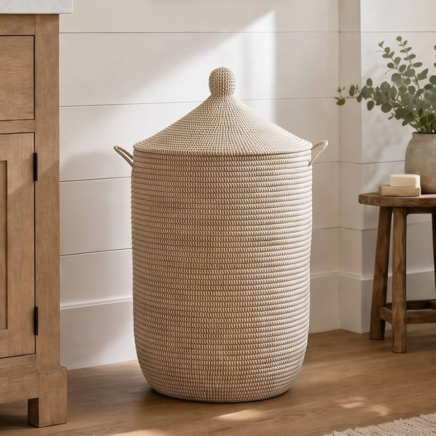 Large Wicker Laundry Basket with Lid and Handles, African Woven Laundry Basket, Handwoven in Sene... | Amazon (US)