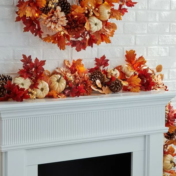 Way to Celebrate! 9ft Pre-Lit Fall Garland, Peach and Orange Maple Leaf Mix, for Fall Decoration | Walmart (US)