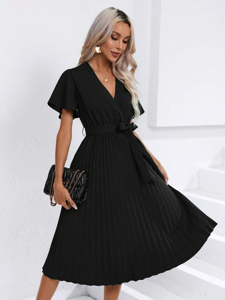 SHEIN Clasi Surplice Neck Pleated Hem Belted Dress | SHEIN