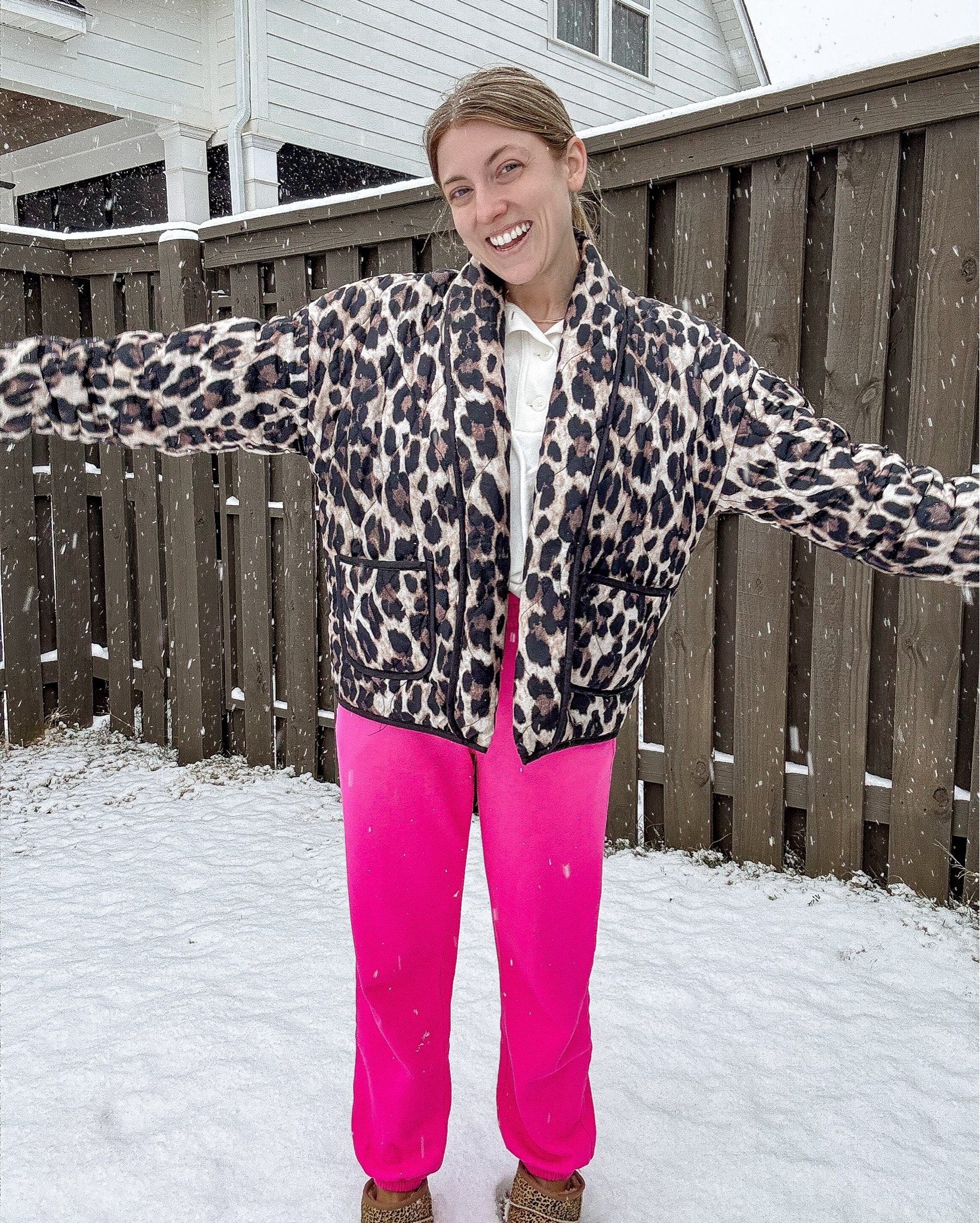 Snow day style, but make it cute ❄️💗
This cozy snow day outfit is all about staying warm, comfy, and still feeling put-together. I’m wearing a leopard print quilted jacket layered over a classic pullover, paired with bright pink jogger sweatpants for the perfect pop of color against the snow. Finished with cozy winter boots, this is my go-to look for snow days at home, backyard play, quick coffee runs, or bundling up for everyday winter moments.

Everything in this outfit is from Amazon and Old Navy, making it an easy, affordable winter outfit you can actually wear on repeat. I love how the quilted jacket adds warmth without feeling bulky, while the joggers keep it casual and comfortable. This look is proof that winter outfits can be cozy and fun—even on the coldest days.

#snowdayoutfit #winteroutfitinspo #cozywinterstyle #leopardjacket #pinkjoggers #casualwinterlook #athleisurewear #everydaywinter #amazonfashion #oldnavystyle #winterlayers #comfyandcute #coldweatherstyle #snowdaystyle