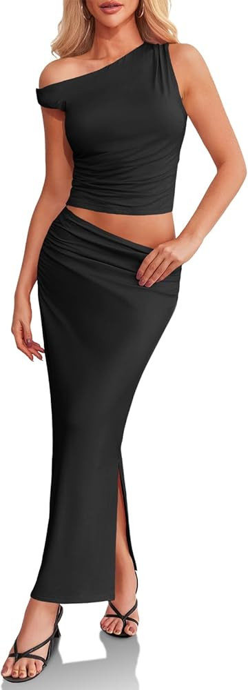Cicy Bell Women's 2 Piece Skirt Set Off The Shoulder Ruched Top High Waisted Maxi Skirts Party Co... | Amazon (US)