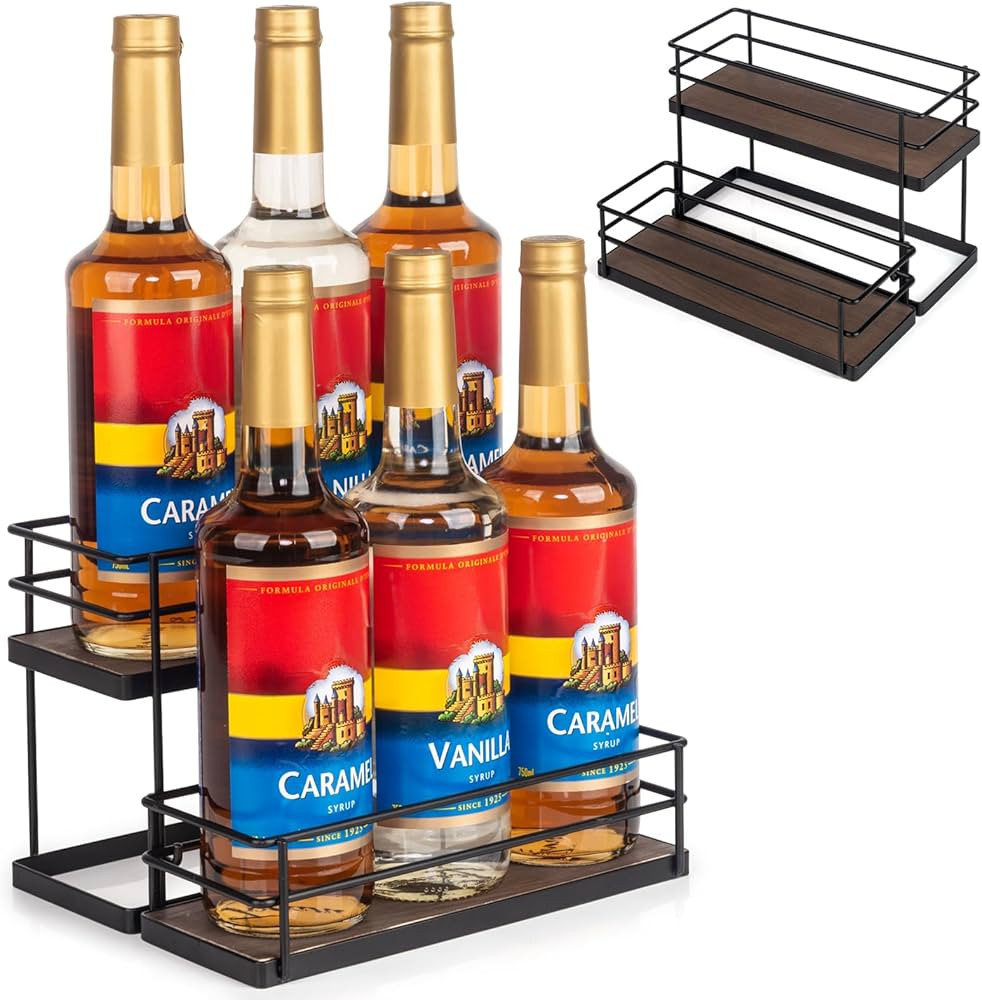 6 Bottle Capacity Coffee Syrup Organizer 2 Tier Coffee Syrup Stand Shelf for Coffee Bar Kitchen S... | Amazon (US)