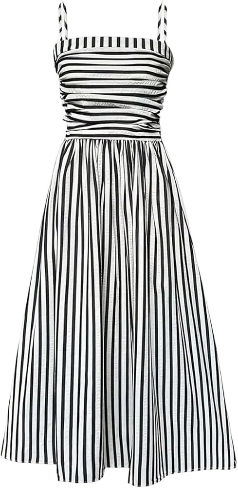 SweatyRocks Women's Spaghetti Strap Striped Maxi Long Dress Pocketed Ruched Shirred Flowy Sundres... | Amazon (US)