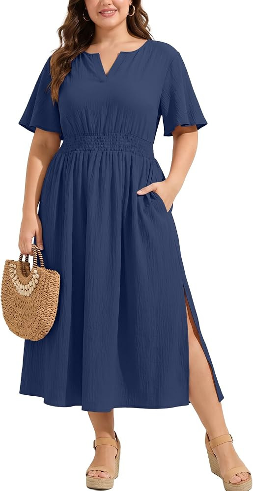 OLRIK Plus Size Summer Dress, V-Neck Smocked Maxi Dress with Pockets | Amazon (US)