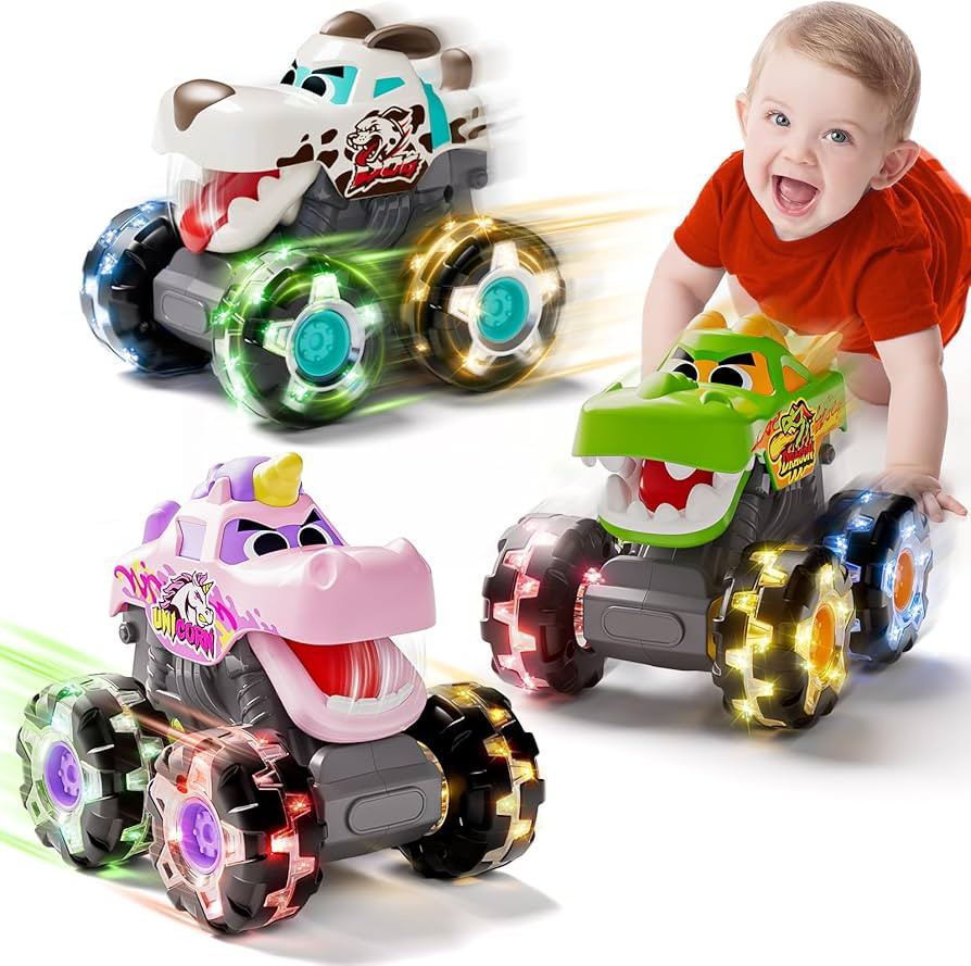 HOLA 3 Pack Light Up Monster Trucks for Toddlers 1-5 \u2013 Push and Go Cars with Color Changing ... | Amazon (US)