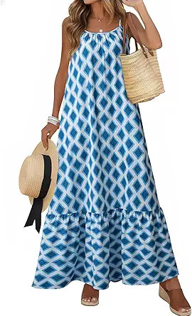 Dokotoo Women Summer Dresses 2026 Spaghetti Strap Scoop Neck Smocked Ruffle Flowy Boho Maxi Dress | Amazon (US)