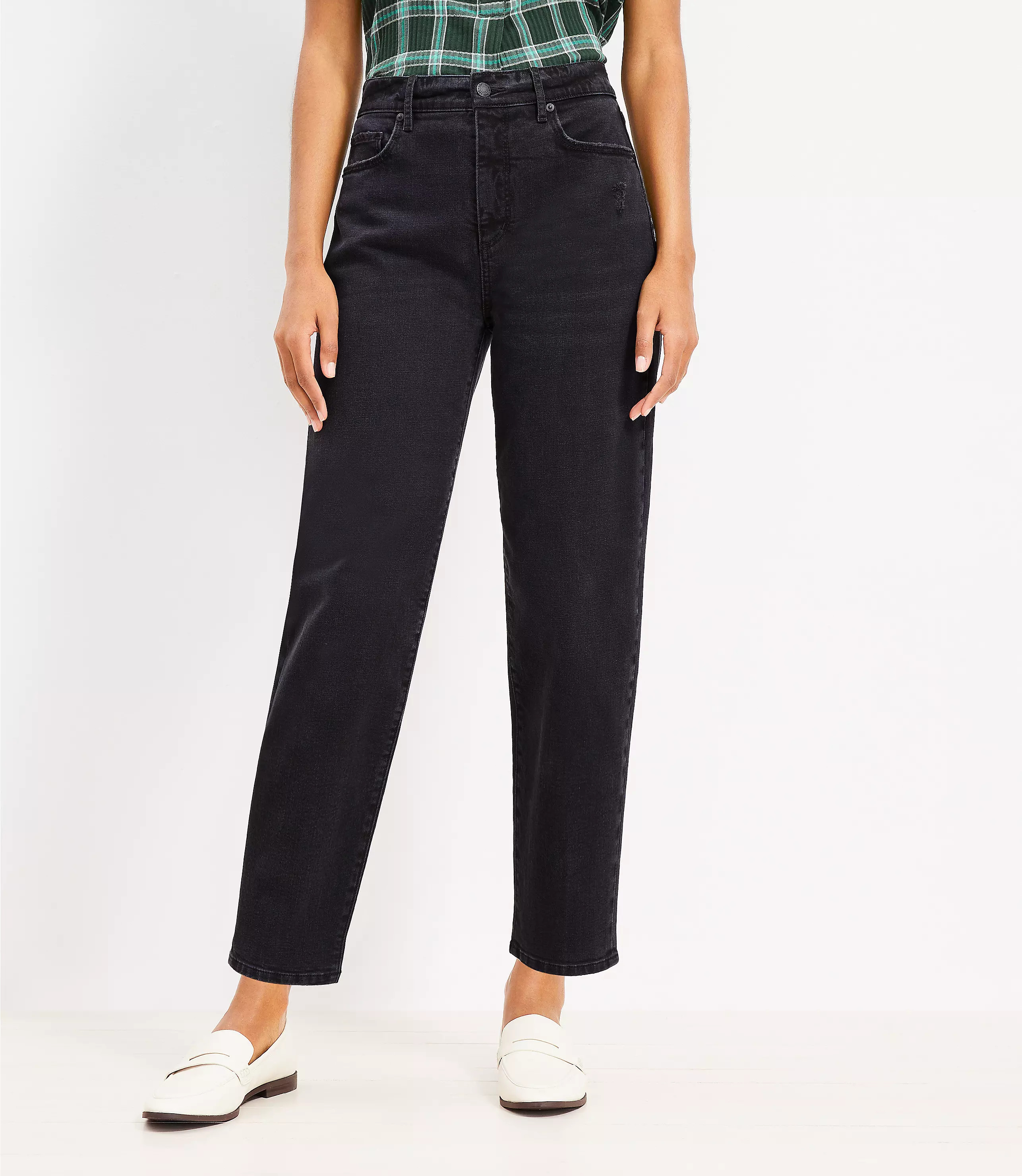 Petite High Rise Barrel Jeans in Washed Black Wash | LOFT