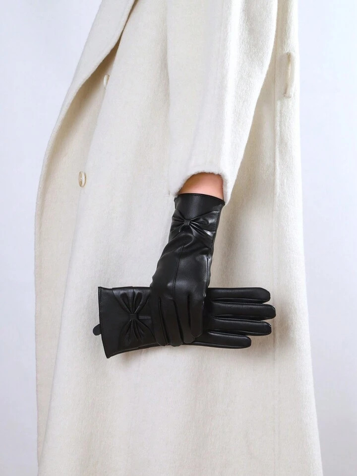 1 Pair Solid Color Casual PU Leather Bowknot Full Finger Touchscreen Gloves For Women, Plush Lini... | SHEIN