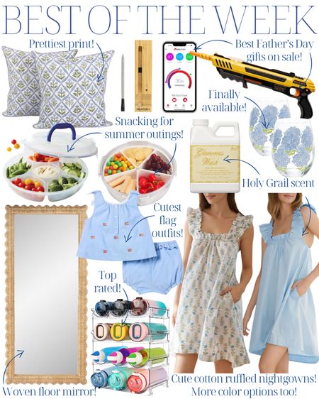 best of the week on Amazon!

meat thermometer, block print pillows, food storage container, scalloped rattan mirror, stemless wine glasses, night gown, American flag tee, glamorous wash, salt gun, water bottle holder, 

#LTKFamily #LTKHome #LTKKids