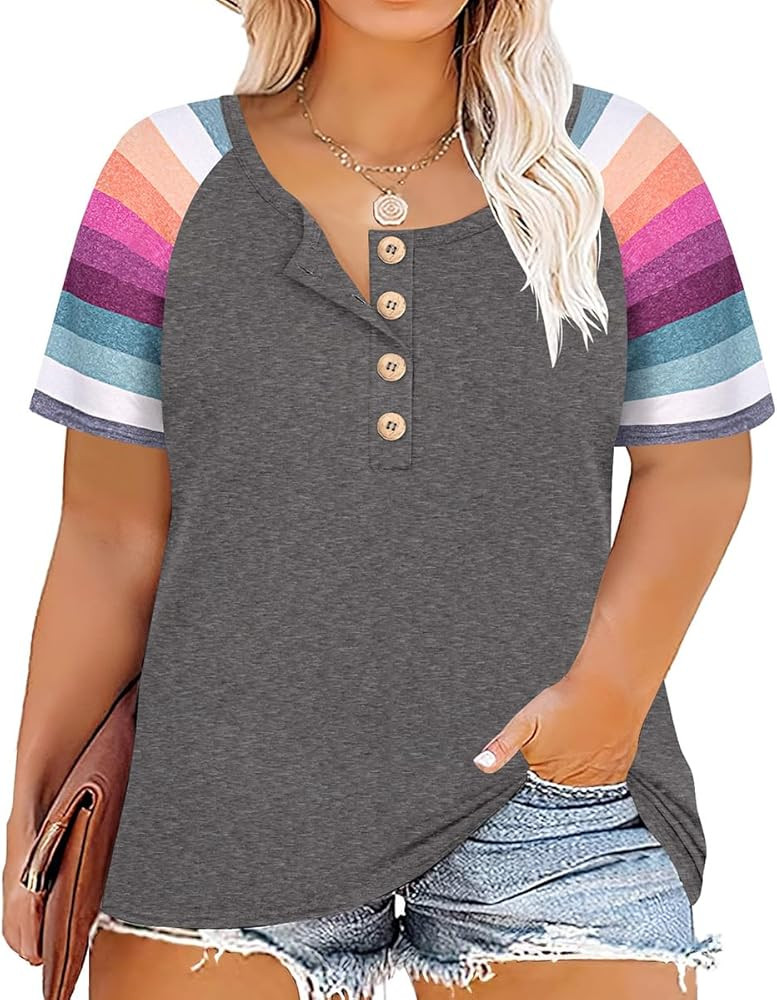TIYOMI Plus Size Henley Tops Short Sleeve Shirts for Women Summer Tunics XL-5XL | Amazon (US)