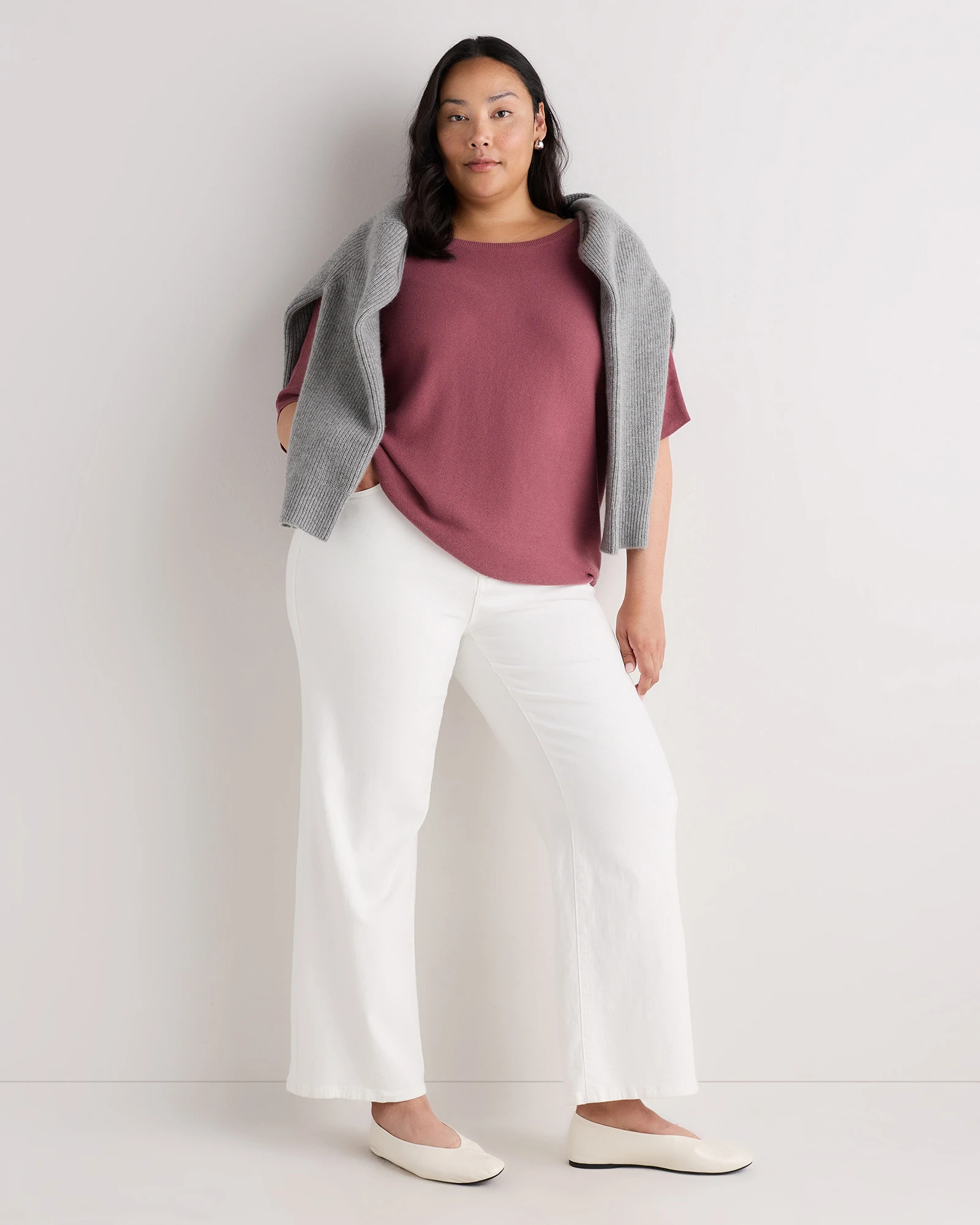 Quince | Women's Lightweight Cotton Cashmere Link-Stitch Dolman Sweater in Heather Oatmeal, Size 2X | Quince