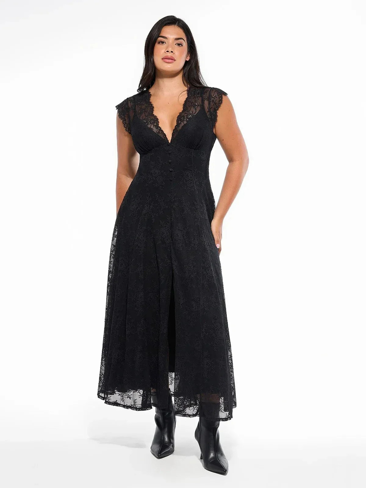 Shapewear Boho Floral Lace Front Slit Maxi Dress Black / M | Popilush