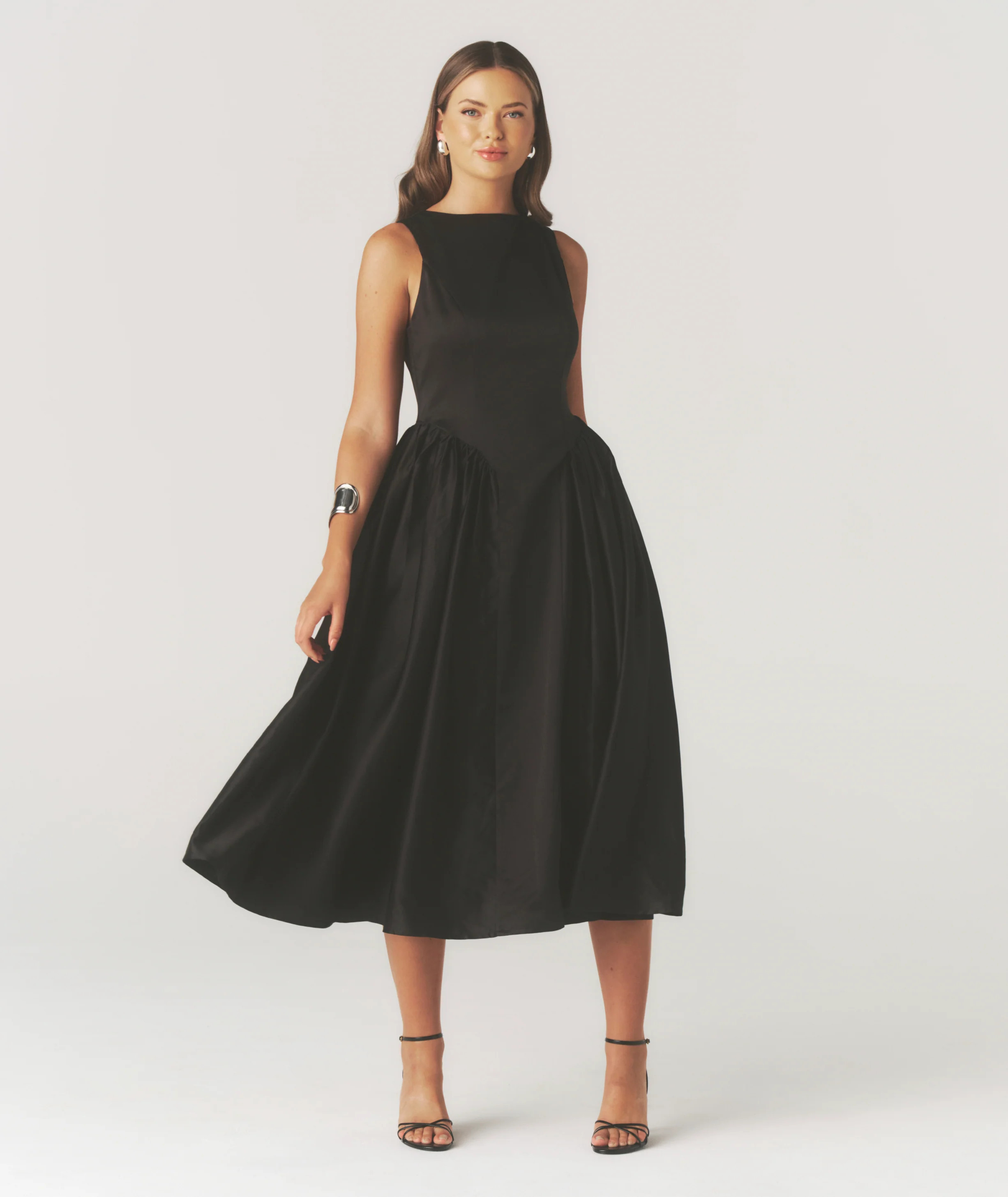 Drop Waist Midi Dress with Volume Skirt - Black - 8 | Six Stories