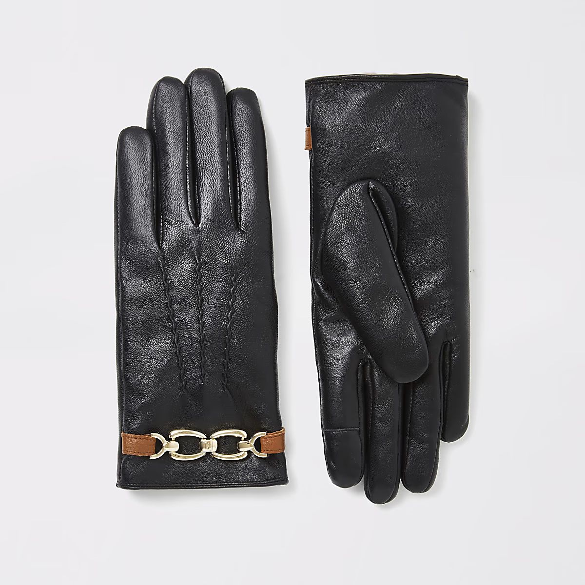 Black chain faux fur lined leather gloves | River Island (UK & IE)
