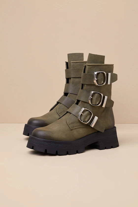 Roland Olive Leather Buckle Moto Ankle Boots | Lulus