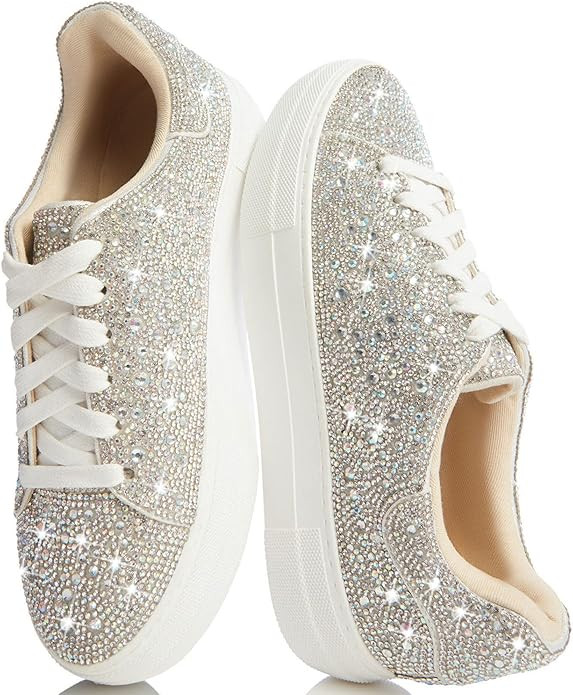 Lovee Cosee Platform Rhinestone Sneakers for Women Sparkly Lace up Tennis Shoes Bedazzled Wedding... | Amazon (US)