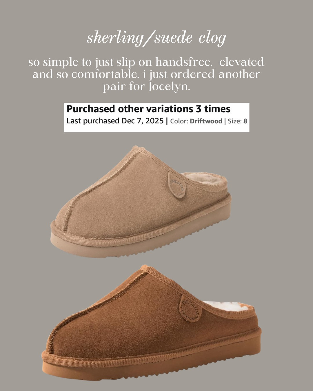 SHERLING / SUEDE CLOG — ELEVATED, COMFORTABLE, AND EFFORTLESS! These chic sherling/suede clogs are the easiest hands-free slip-ons — elevated, warm, and incredibly comfortable. A pair you’ll reach for daily. I just ordered another for Jocelyn because they’re that good.

#Amazon #TheHillaryStyle #CozyStyle #WinterEssentials #NeutralStyleInspo #ElevatedBasics #EverydayStyle #LoungewearEdit #GiftIdeasForHer #ChicComfort 

 #LTKmomlife #LTKSeasonal #LTKOver40
