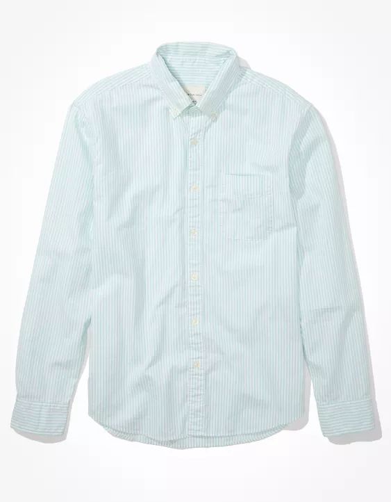 AE Distressed Striped Oxford Button-Up Shirt | American Eagle Outfitters (US & CA)