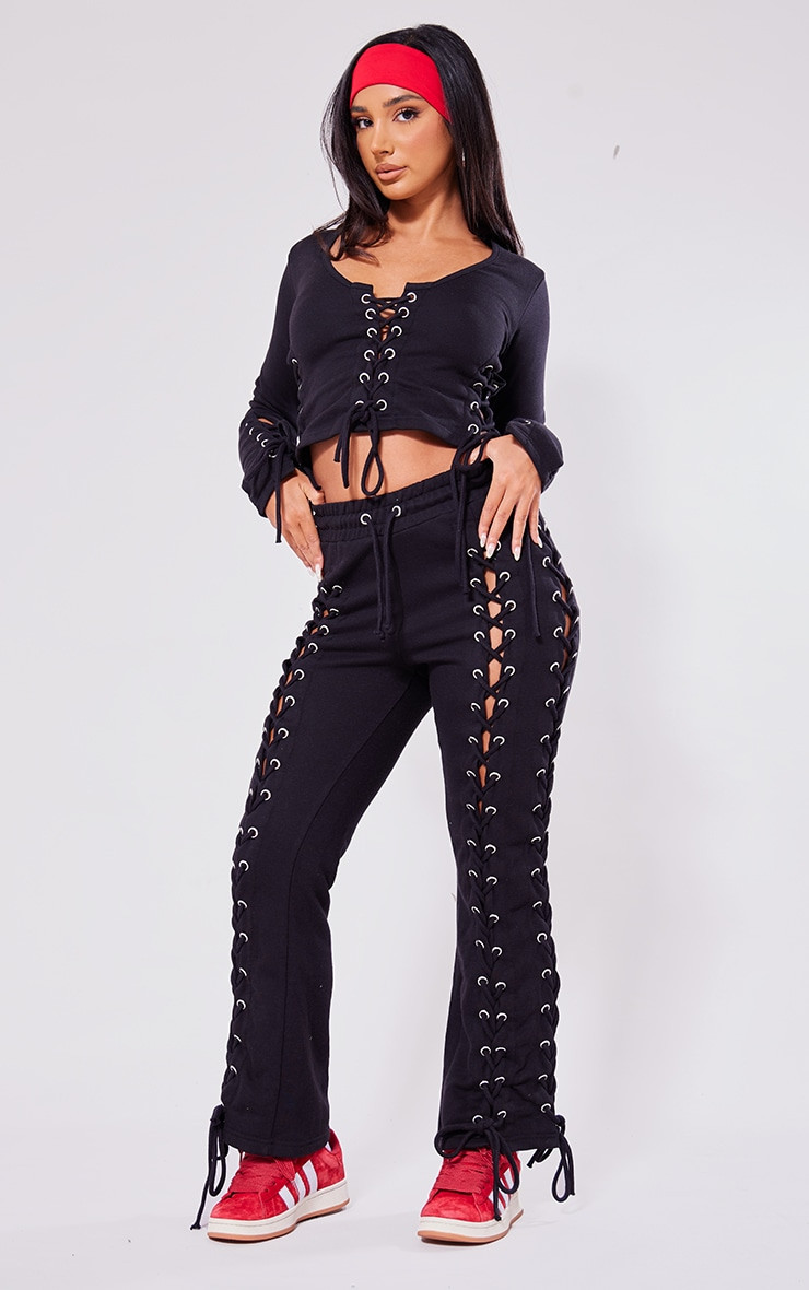 Petite Black Eyelet Detail Lace Up Sweatpants | PrettyLittleThing US