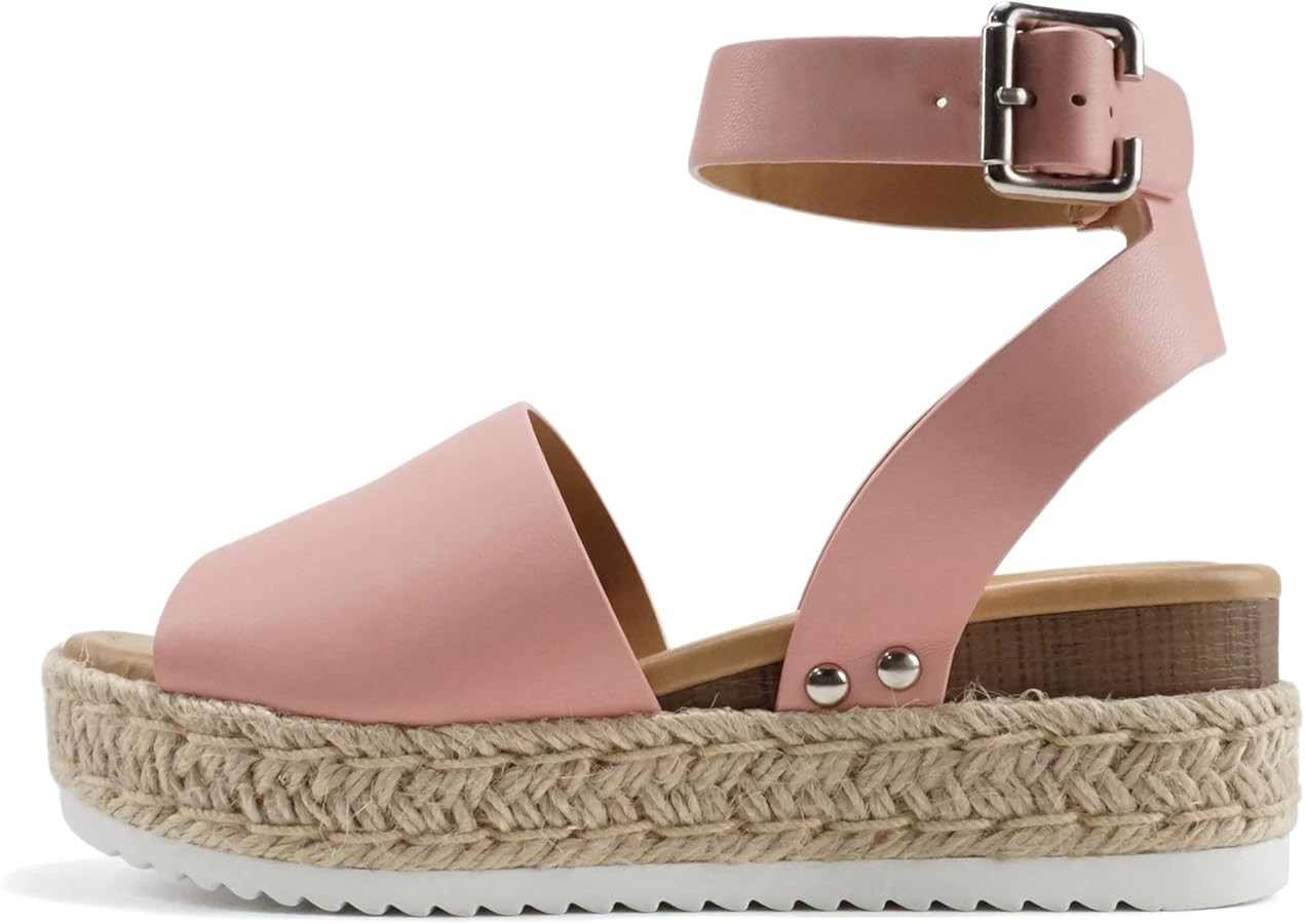 Soda Topic Open Toe Buckle Ankle Strap Espadrilles Flatform Wedge Casual Sandal | Amazon (US)