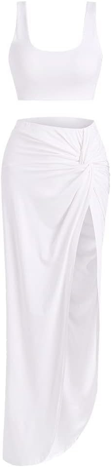 ZAFUL Women's Casual Sleeveless Summer Solid Marled Crop Top and Draped Ruched Maxi Skirt Set Two... | Amazon (US)
