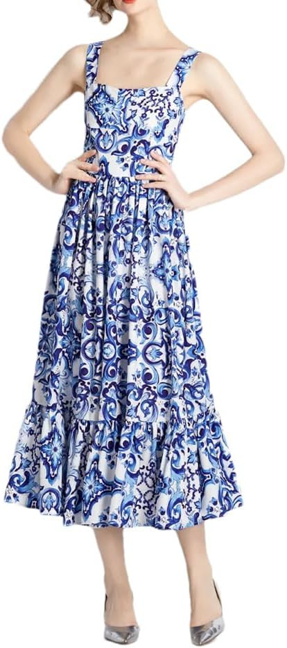 Womens Dresses Print Long Dress for Women Slash Neck Sleeveless Spaghetti Strap Party Robe | Amazon (US)