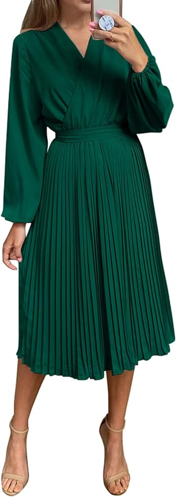 PRETTYGARDEN Women's Spring Midi Dress Long Puff Sleeve Wrap V Neck Flowy Ruffle Pleated Casual F... | Amazon (US)