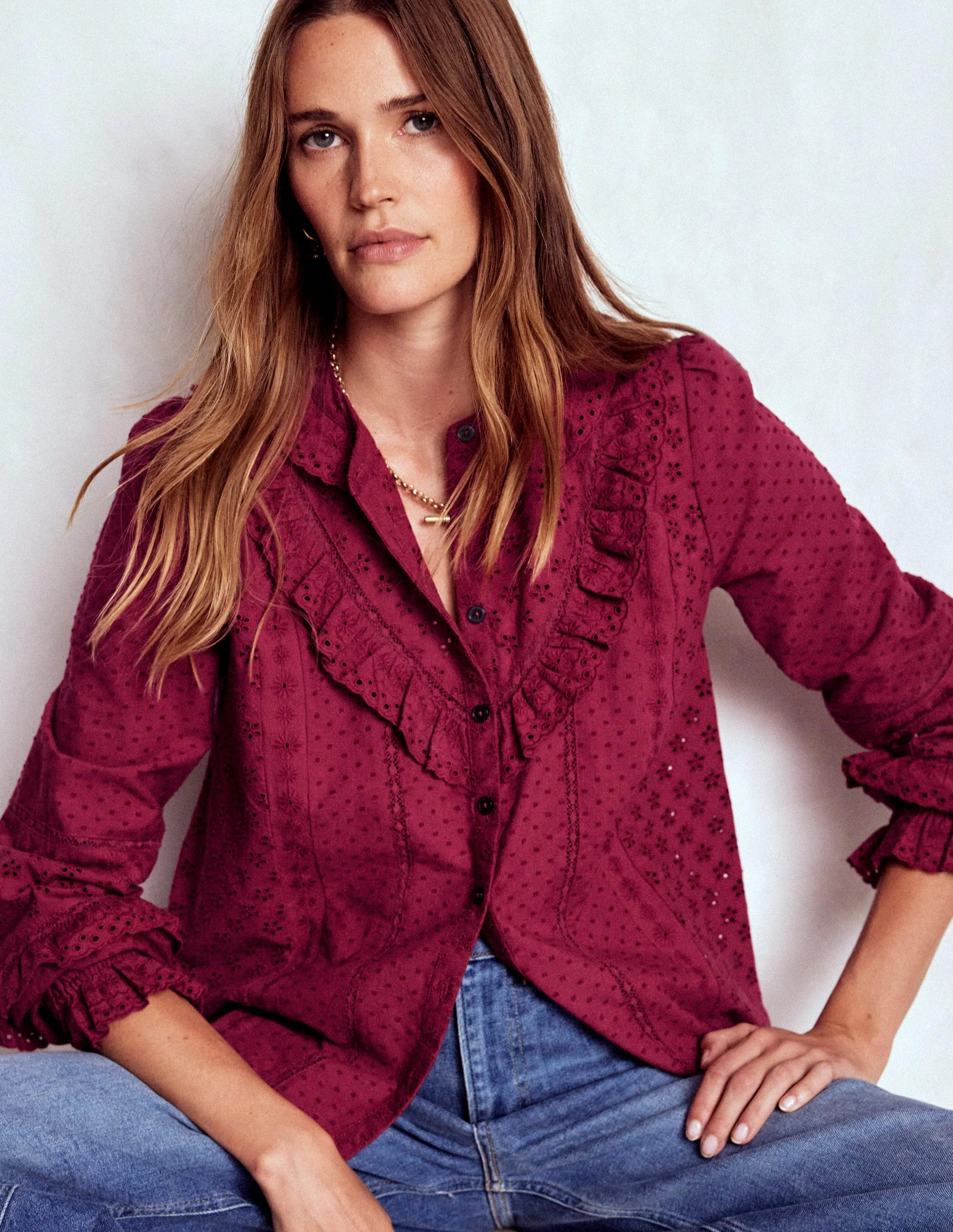 Broderie Ruffle Top-Ruby Red | Boden UK