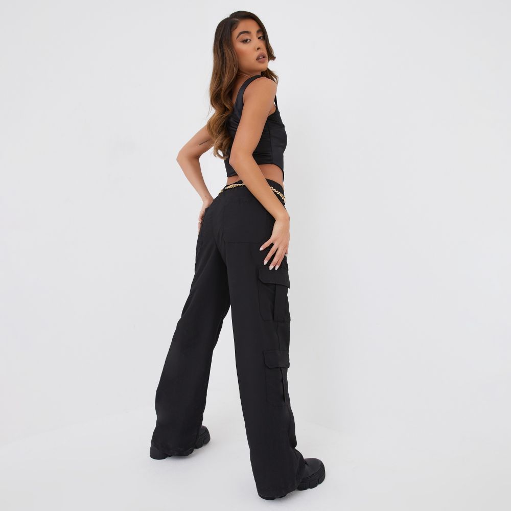 Wide Leg Double Side Pockets Cargo Trousers In Black | EGO Shoes (US & Canada)